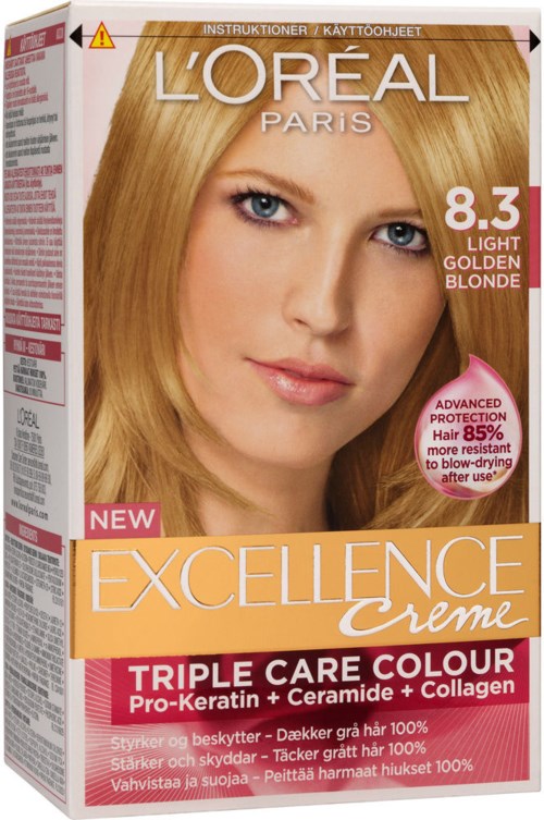 L'Oréal hårfärgningsförpackning med en blond kvinna som har blå ögon och produktinformation på förpackningen.