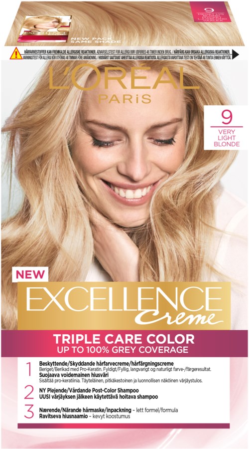 L'Oréal Paris Excellence Créme hårfärgningsbox för mycket ljus blond, ger full täckning, inkluderar schampo och hårvårdstips.