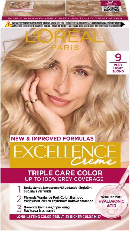 L'Oreal Excellence Crème Packung zeigt eine Frau mit blonden, lockigen Haaren, die lächelt. Die Verpackung hebt Farbabdeckung und verbesserte Formeln hervor.