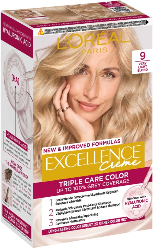 L'Oréal Excellence Creme Haartönungsbox mit lachender Frau und Produktinformationen.