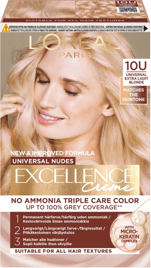 L'Oréal Excellence hiusväripakkaus, jossa nainen hymyilee ja hänellä on vaalea tukka, korostaen tuotteen etuja ja koostumusta.