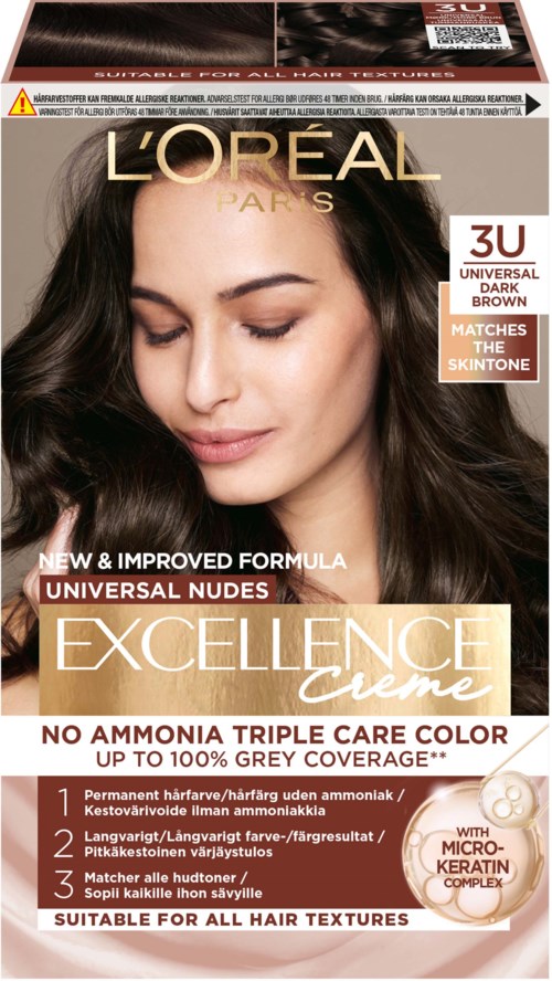 L'Oréal Excellence Creme hiusvärikosetti, jossa nainen, ja tekstiä peittavuudesta ja aineosista.