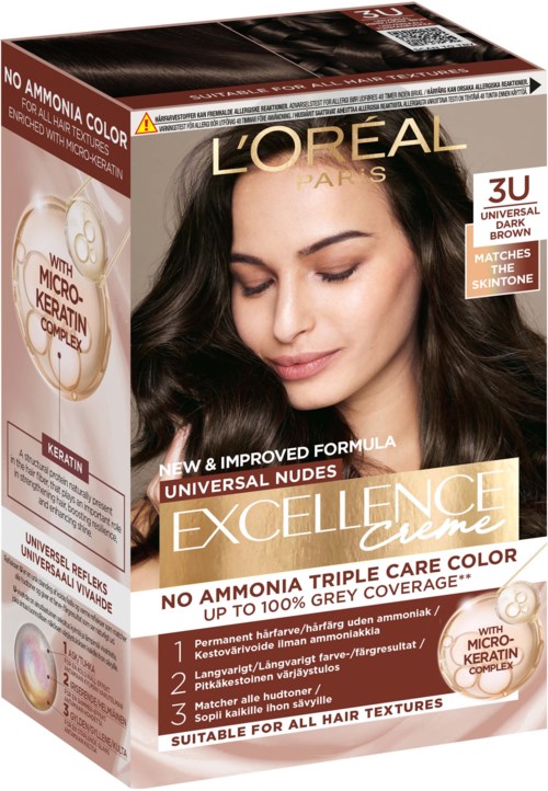 L'Oréal Excellence hiusväri pakka, jossa on kuvanainen nainen ja tieto, ettei siinä ole ammoniakkia, sopii kaikille hiustyypeille.