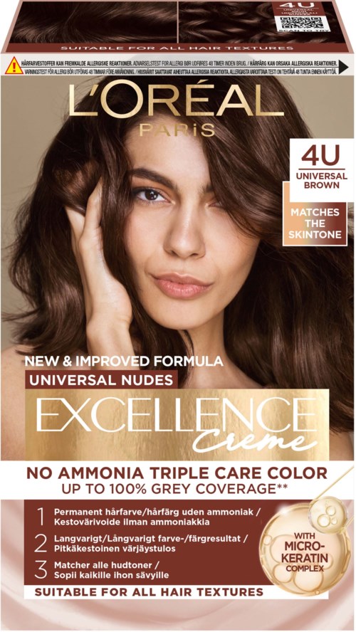 L'Oreal hiusväripakkaus, jossa nainen esittelee kiiltävää, ruskeaa hiusta ja tuotetietoja.