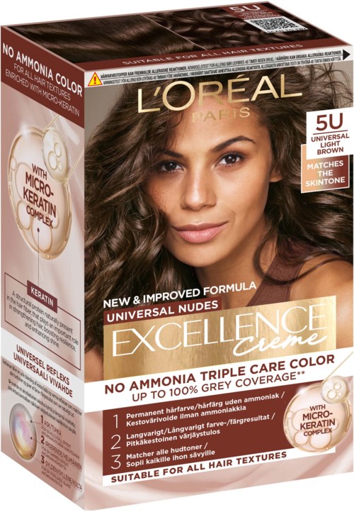 L'Oreal Excellence Creme hiusvärin paketti, jossa on ruskea, aaltoileva tukka oleva nainen.