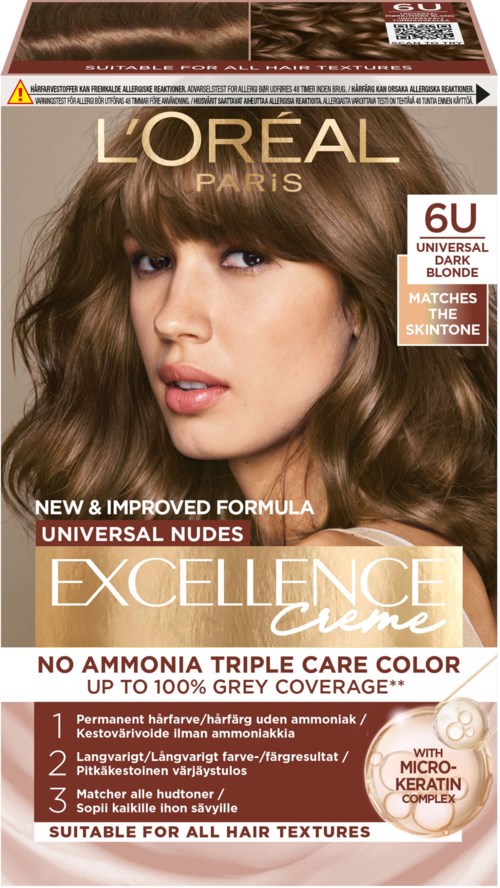 L'Oréal Paris Excellence Creme hiusväripakkaus, esittelee mallin ruskealla hiuksella, korostaa tuotteen etuja ja hiusvärisävyä 6U.