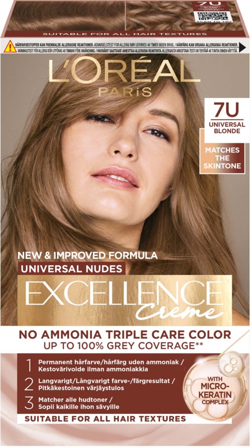 L'Oreal Excellence Creme hiusväriväri-rasia, jossa nainen esittelee vaaleanruskeaa partausta ja tuotetietoja.
