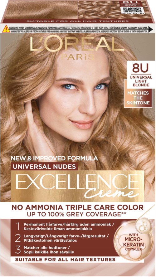 L'Oreal Excellence Crème hiusvärjäys箱u, jossa on nainen, jolla on vaaleat, lainehtivat hiukset ja teksti tuoteominaisuuksista.