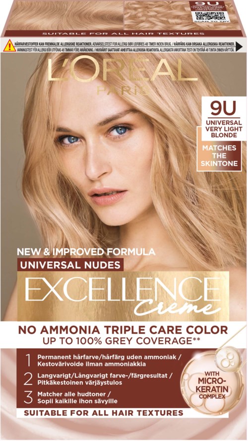 Een haarverfdoos met een blond meisje met blauwe ogen, geschikt voor alle haartypes, vooral licht blond.