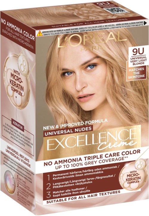 L'Oréal Excellence creme haarkleur met een blond meisje op de doos, die de functies en voordelen van de formule benadrukt.