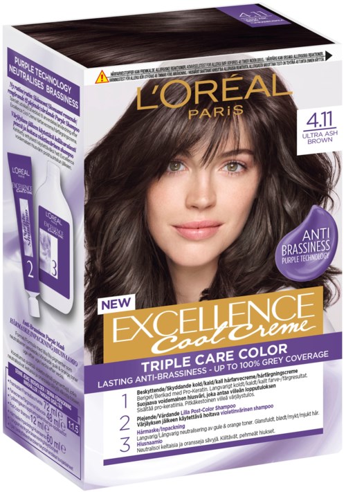 Hårfärgningsförpackning med en kvinna med brunt hår, Loreal Paris-märke, i lila och guld, visar tre steg.