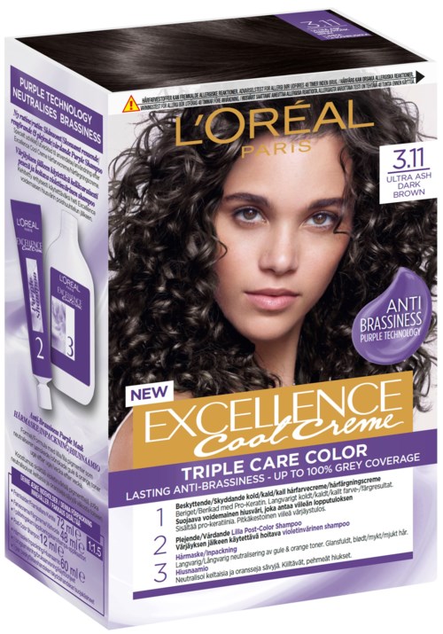 Förpackning med hårfärgningsprodukter, visar en kvinna med lockigt hår, kallad L'Oréal Excellence Cool Creme, i 3 steg.