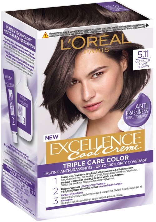 En låda med Loreal hårfärg med en kvinna som visar sitt mörka hår och produktdetaljer på förpackningen.