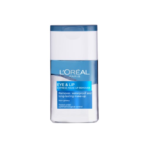 L'Oréal Paris Eye & Lip makeup remover for waterproof and long-lasting makeup, non-greasy, tested under eye conditions.