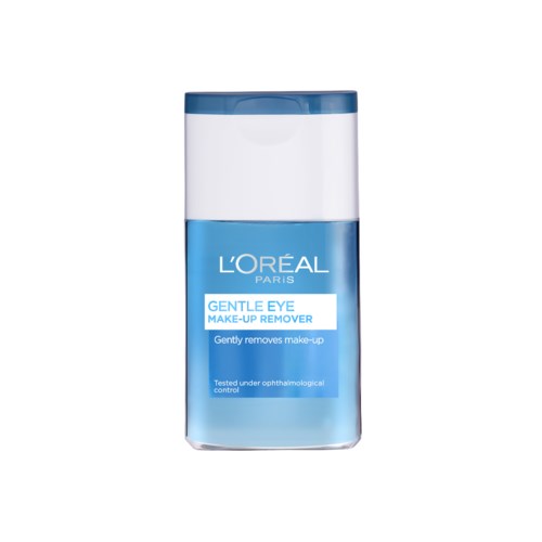A blue and white bottle of L'Oreal Gentle Eye Make-up Remover. It is used to remove eye makeup gently.