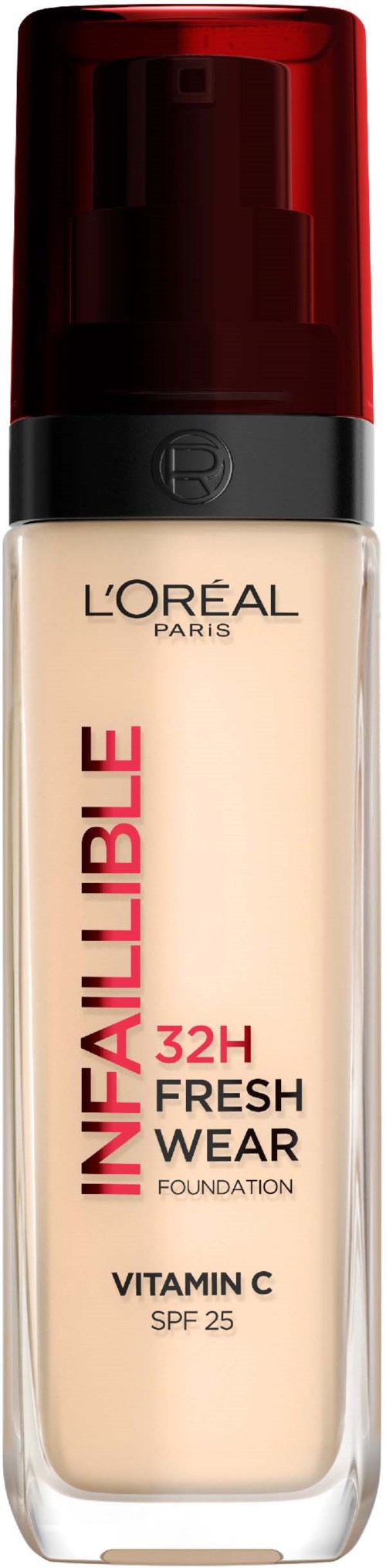 Eine Foundation-Flasche mit der Aufschrift 'L'Oreal Infallible 32H Fresh Wear', mit SPF 25 und Vitamin C, in einer Pumpflasche.