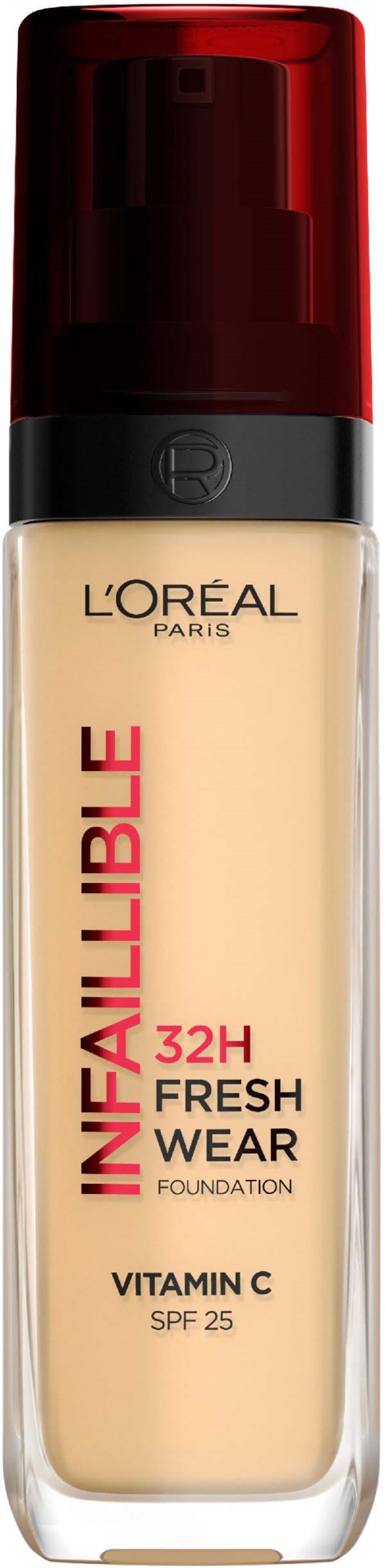 Eine Flasche L'Oreal Infallible Fresh Wear Foundation mit Vitamin C, SPF 25, 32 Stunden Haltbarkeit. Rote Kappe.