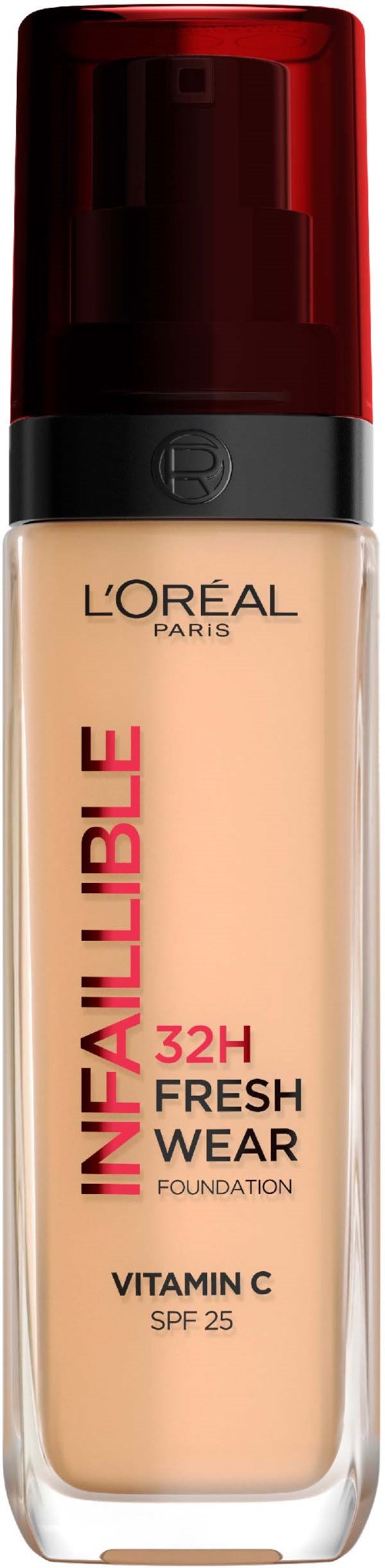 Eine Flasche L'Oréal Infallible Foundation mit SPF 25 und Vitamin C. Es ist hellbeige mit rotem Deckel.