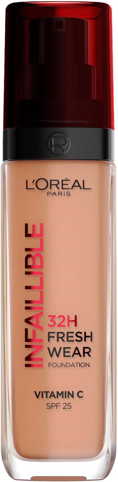 Een flesje L'Oreal foundation met label 'Infallible 32H Fresh Wear' met vitamine C en SPF 25.