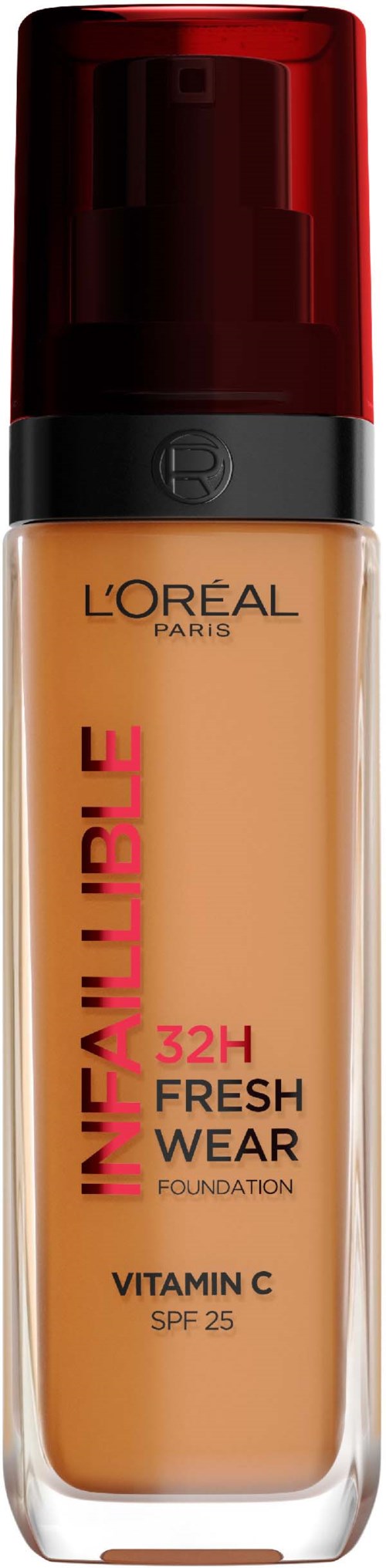 Foundation-Flasche mit rotem Deckel, für empfindliche Haut, enthält Vitamin C und SPF 25.