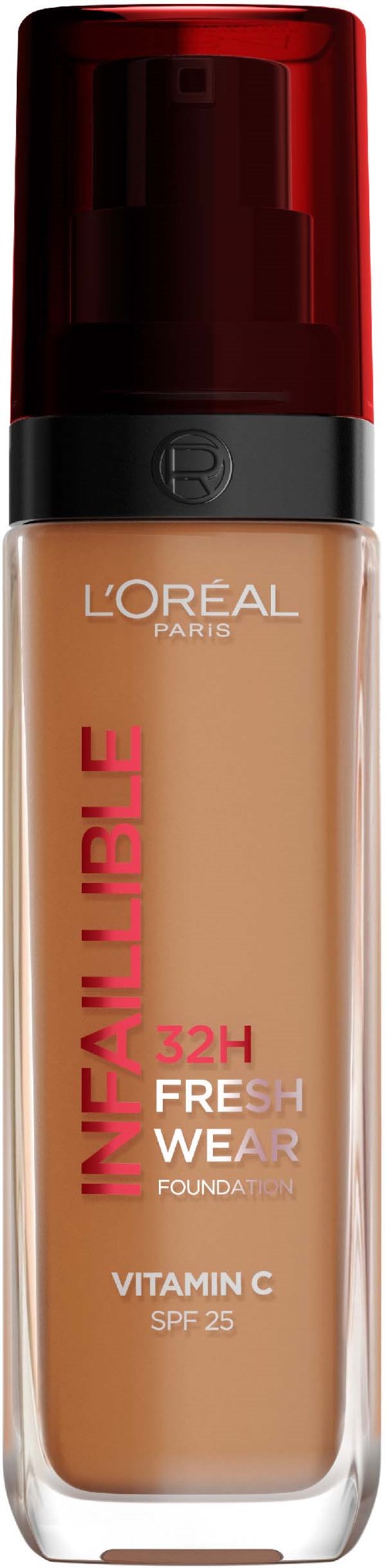 Eine Flasche L'Oréal Infallible Foundation mit SPF 25, Vitamin C, mit Pumpspender.