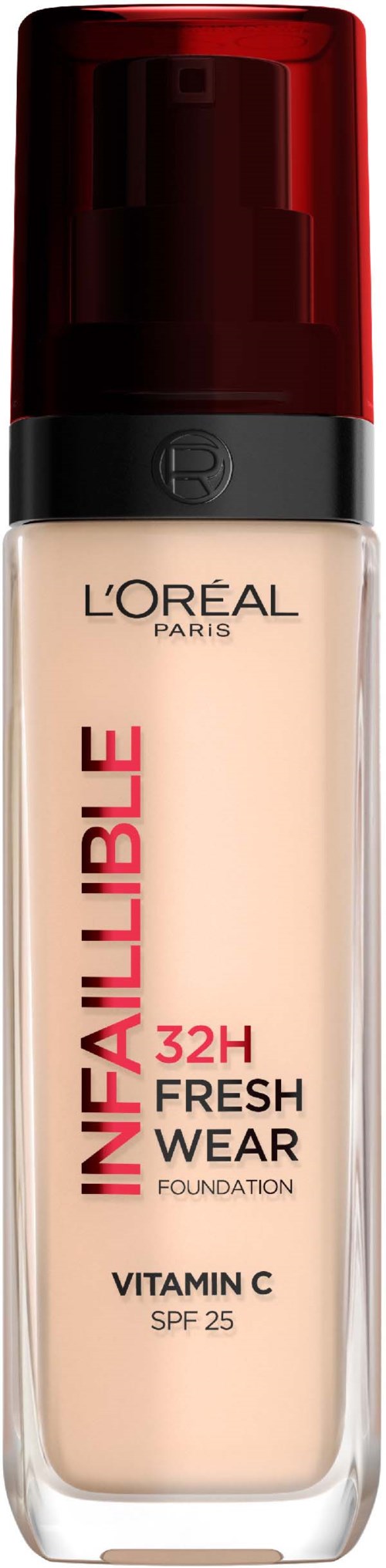 A bottle of L'Oréal Infallible foundation, contains vitamin C, SPF 25, and is suitable for fresh wear.