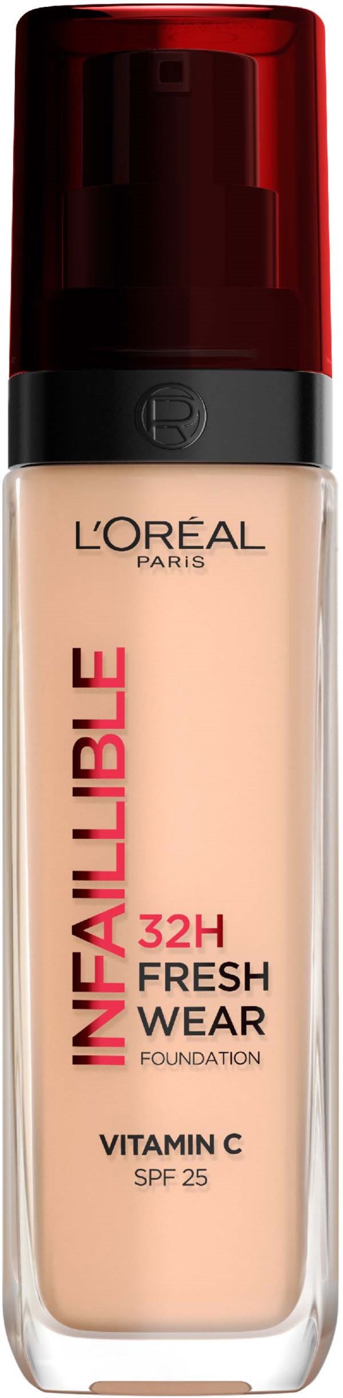 Fundamentflasche mit rotem Deckel, gekennzeichnet 'Infallible 32H Fresh Wear' von L'Oreal, enthält Vitamin C, SPF 25.
