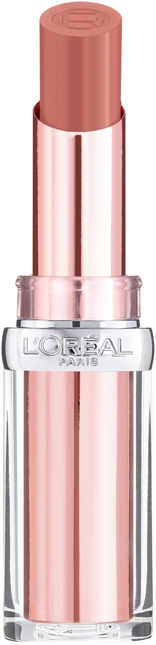 En rosa läppstift i ett genomskinligt fodral med L'Oreal-logotypen.