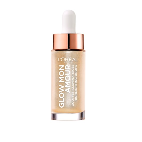 En liten flaska med L'Oréal-glasyrserum med pipett, med titeln 'Glow Mon Amour' för att framhäva och vårda huden.
