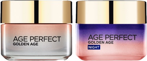 To kosmetikkbeholdere merket 'Age Perfect Golden Age,' en for dag og en for natt, med gullkapsler og pastellfarger.