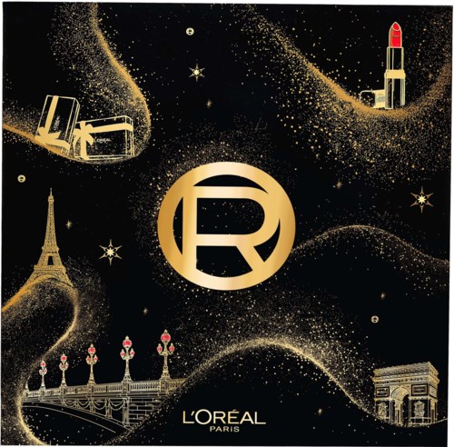 L'Oreal Paris-logo omgitt av gullglitter, med illustrasjoner av leppestift, Eiffeltårnet og bro på svart bakgrunn.