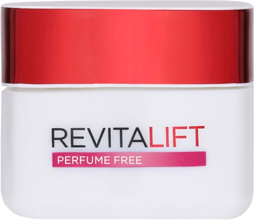 A white jar with a red lid, labeled Revitalift, perfume free, with a pink stripe.
