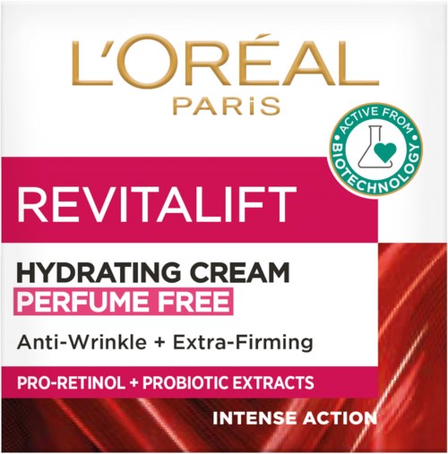L'Oreal Revitalift hydrating cream for anti-wrinkle and extra-firming skin, perfume-free with probiotics and pro-retinol, for intense action.