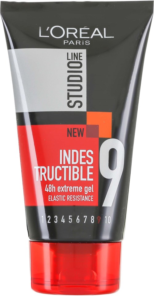 L'Oreal Paris hiusgeeli putki mustaa, punaista ja valkoista väriä, merkitty kestävyyteen 48 tuntia.