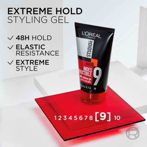 L'Oréal Studio Line Extreme Hold Styling Gel tarjoaa 48 tunnin pidon, elastisen vastustuksen ja äärimmäisen tyylin. Tubi on musta ja punainen.