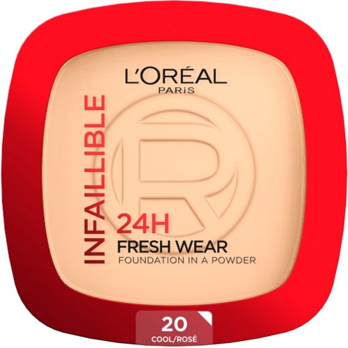 L'Oréal Infaillible Puderfundation, Farbe 20 Cool/Rose, auf rotem Hintergrund.