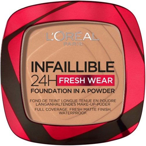 L'Oréal Infaillible foundation i ett rött och svart skal, märkt som vattentätt och långvarigt med frisk matt finish.