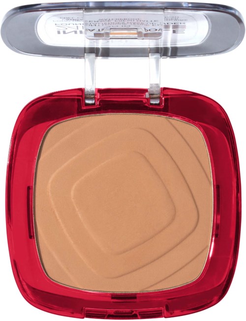 Ett litet, rött sminkställ med beige pressad puder och ett klart lock. Pudret har ett mönster av koncentriska kvadrater.