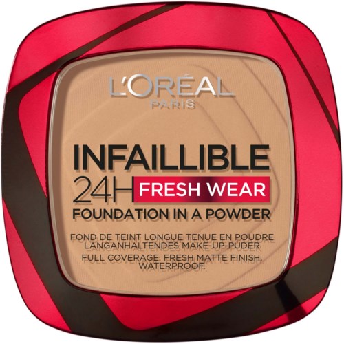 L'Oréal Infaillible 24H Fresh Wear Foundation i puderform, med röd och svart förpackning. Den är vattentät.