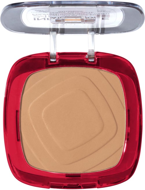 En röd puderborste med beige puder och ett genomskinligt lock som viks upp, används för makeup.