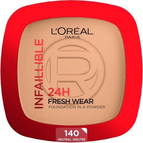 L'Oréal Infallible 24H Fresh Wear Foundation in einer beigen Dose mit rotem Rand, Farbcode 140 Neutral.