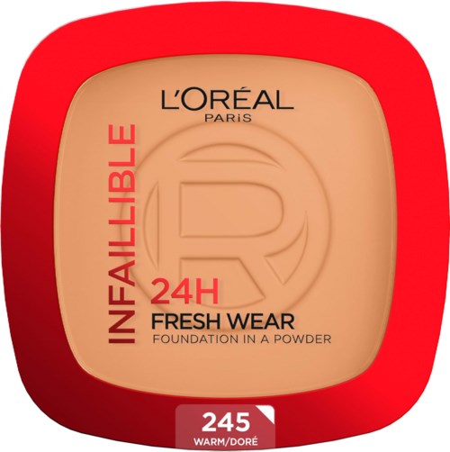 L'Oréal-Foundation in einer roten Kompaktbox, Farbnummer 245, warm/dunkle Tönung. 24-Stunden frischer Halt.