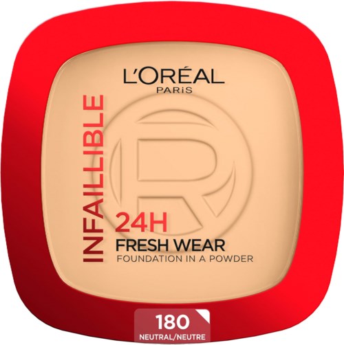 Ein kompaktes Make-up-Behälter mit L'Oréal-Branding und rotem Rand, gekennzeichnet für verschiedene Nuancen und Typen von Foundation.