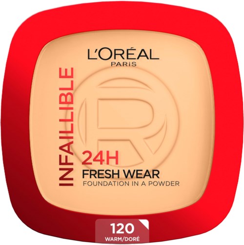 L'Oréal Infaillible 24H Fresh Wear Foundation in einer roten und beigen Dose. Passt zu warmen Hauttönen, Farbnummer 120.