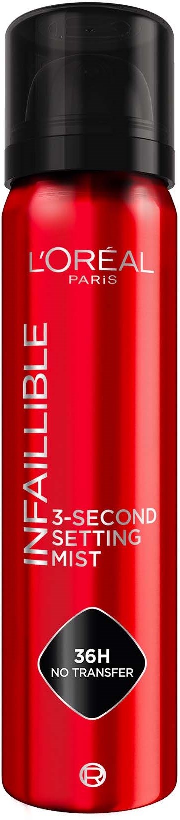 Rote Sprühdose mit schwarzem Deckel, L'Oréal Einstellungsspray für 36 Stunden, kein Transfer.