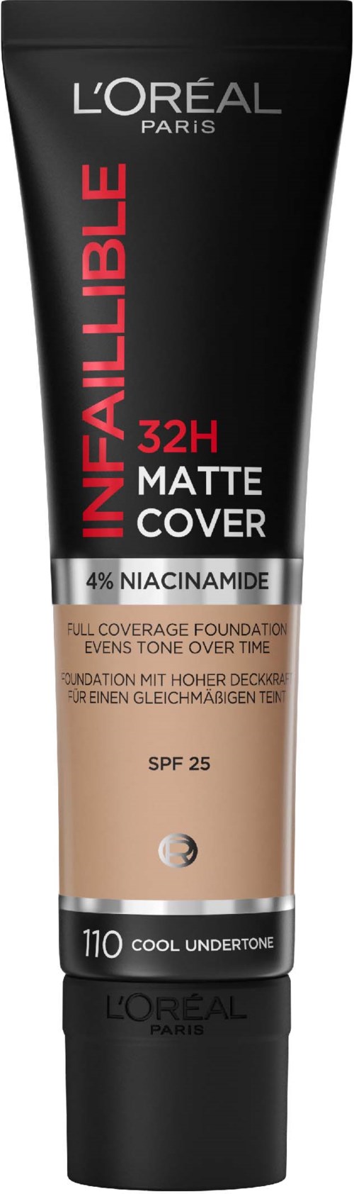 En svart tub med L'Oreal Infallible 32H Matte Cover foundation med SPF 25 och nyansen 110, avsedd för full täckning.