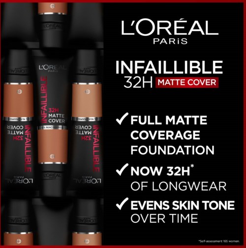 L'Oréal Infaillible puderfoundationsflaskor i svart och beige visas med produktinformation och egenskaper.