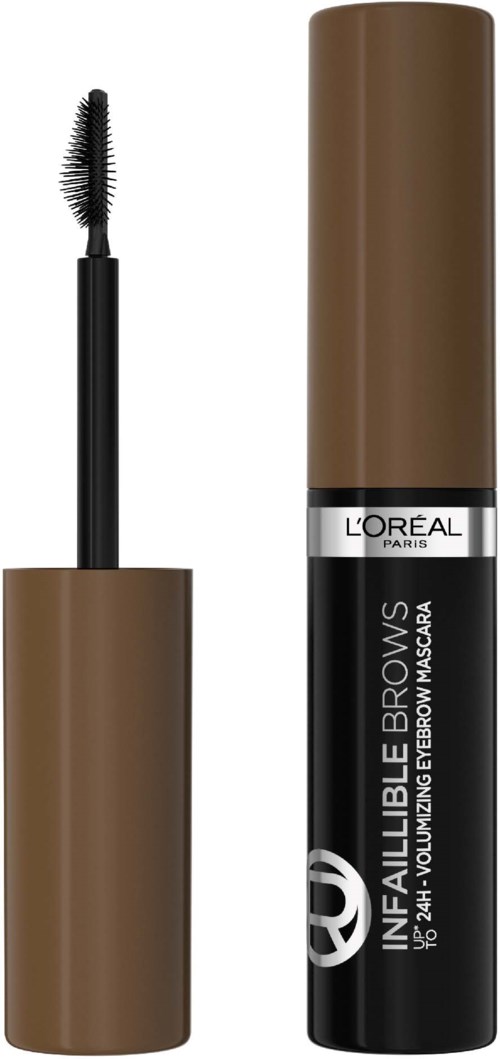 Ein braune beschriftete Augenbrauen-Mascara mit Pinsel daneben.
