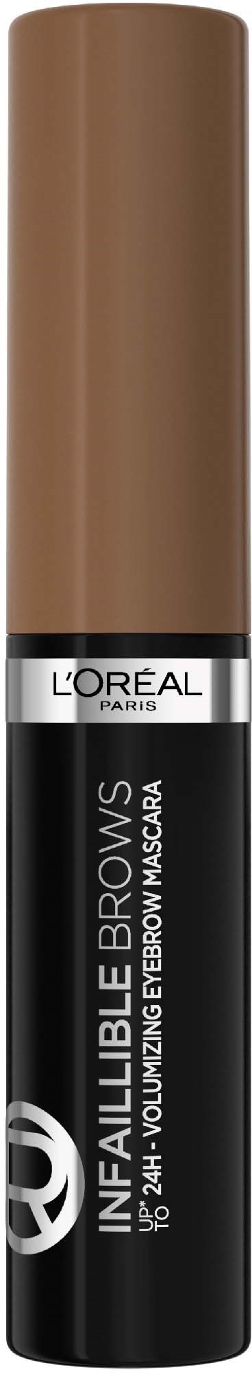 Ein L'Oréal Infinite Brow Mascara mit braunem Röhrchen und schwarzem und silbernem Etikett.