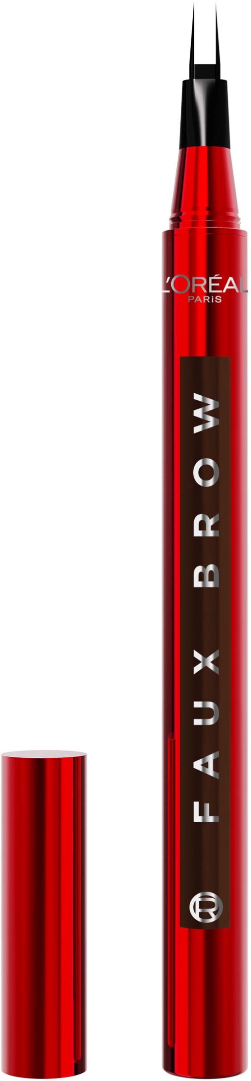 Punainen huulten sävyvanupena, jossa musta kärki ja metallinen punainen runko, tekstit 'Faux Brow' ja 'Korea'.
